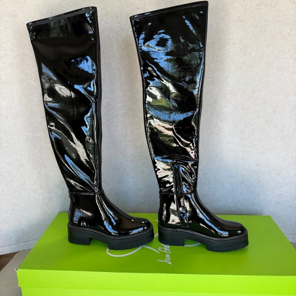 Sam Edelman Lydia Black Patent Over The Knee Lug Sole Boots I3399S1001 Size 6.5